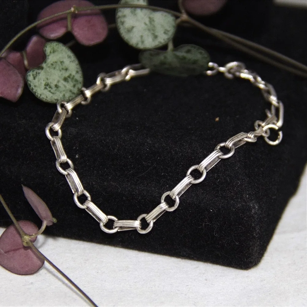 Vintage Sterling Silver 925 Textured Bar and Round Link Chain Bracelet 7.25in